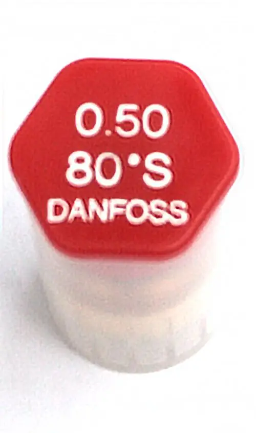 Rote Düse mit hexagonaler Oberseite, beschriftet mit 0.50, 80° S und Danfoss. Für Heizsysteme, möglicherweise kompatibel mit Daikin Produkten.